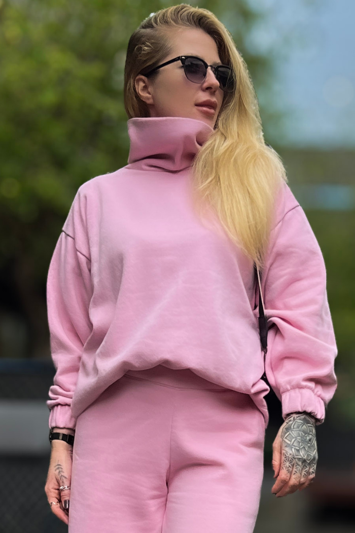 Conjunto Calça Pantalona com Moletom Gola Alta Rosa Baby