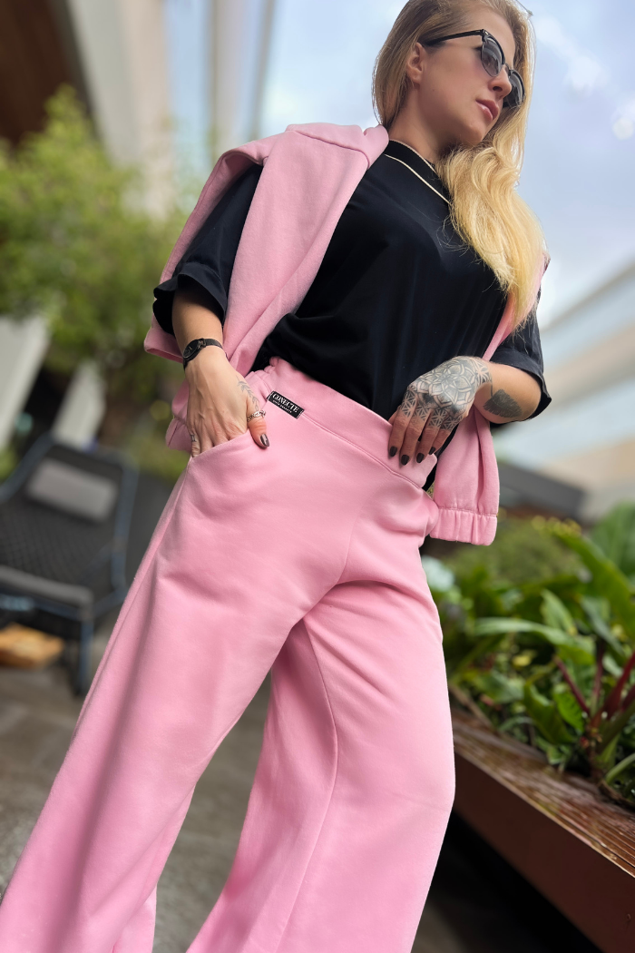 Calça Pantalona Moletom Rosa Baby