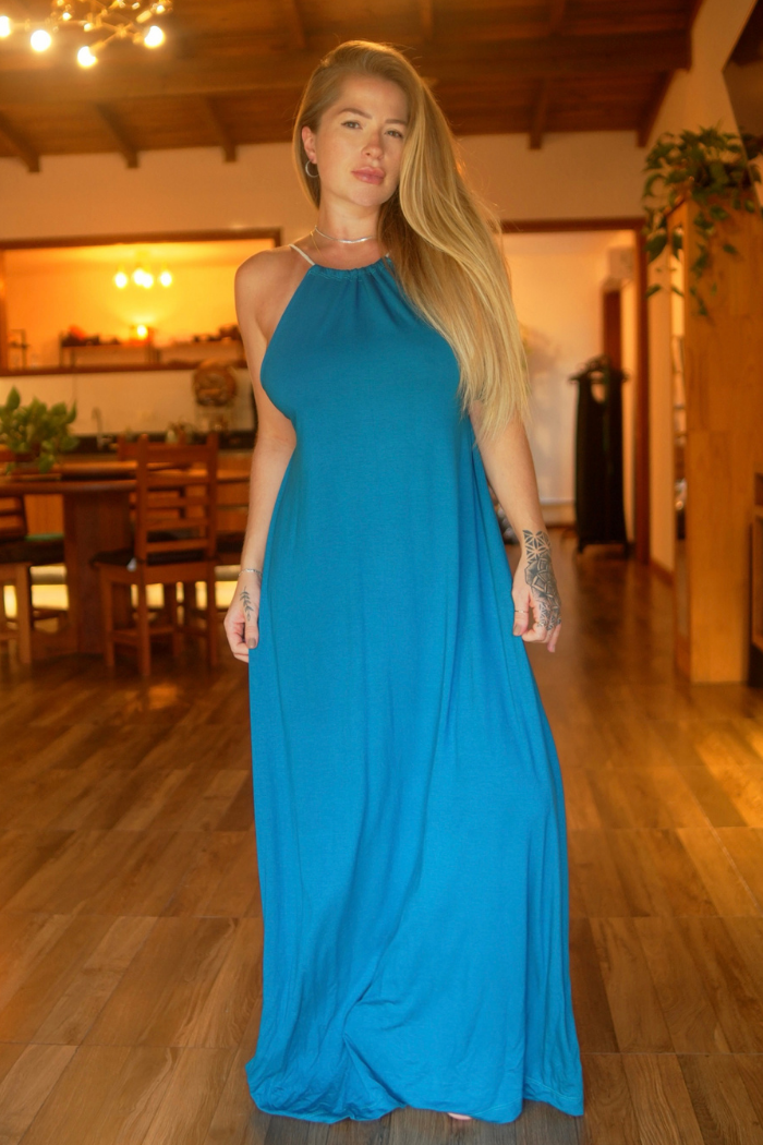 Vestido Frente Única Petroleo Longo