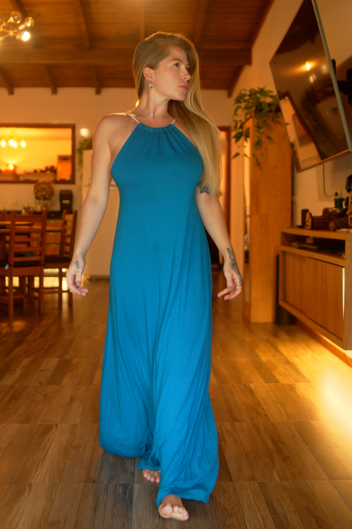 Vestido Frente Única Petroleo Longo