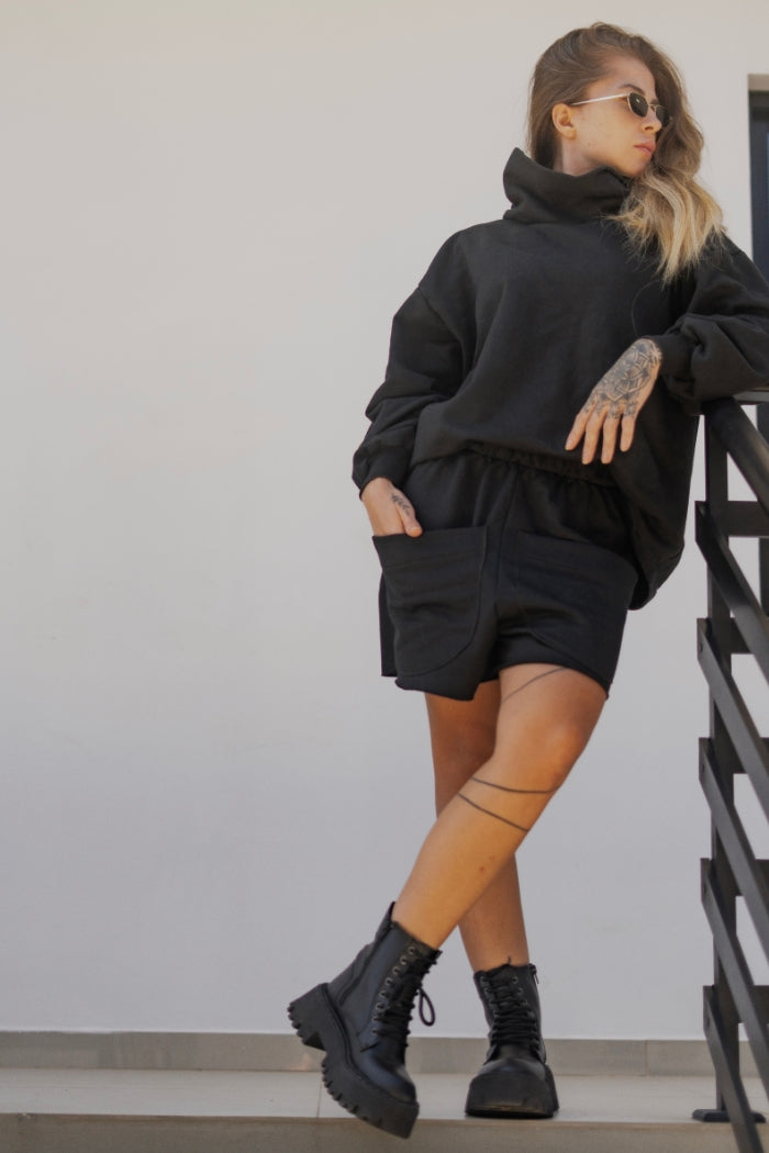 Conjunto Moletom Gola Alta Preto + Short Bolso Frontal Preto
