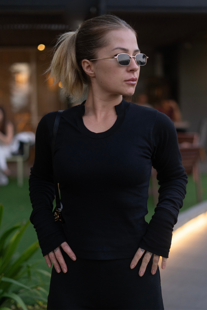 Conjunto Canelado Gola Efeito Preto