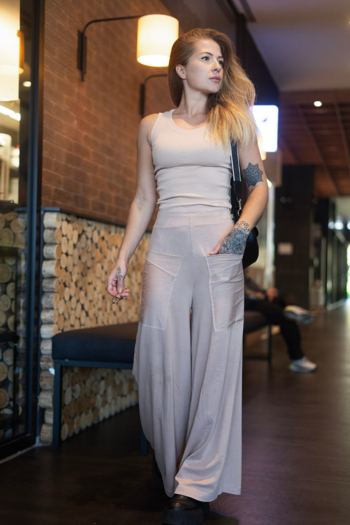 Conjunto Pantalona com Blusa Canelada Nude