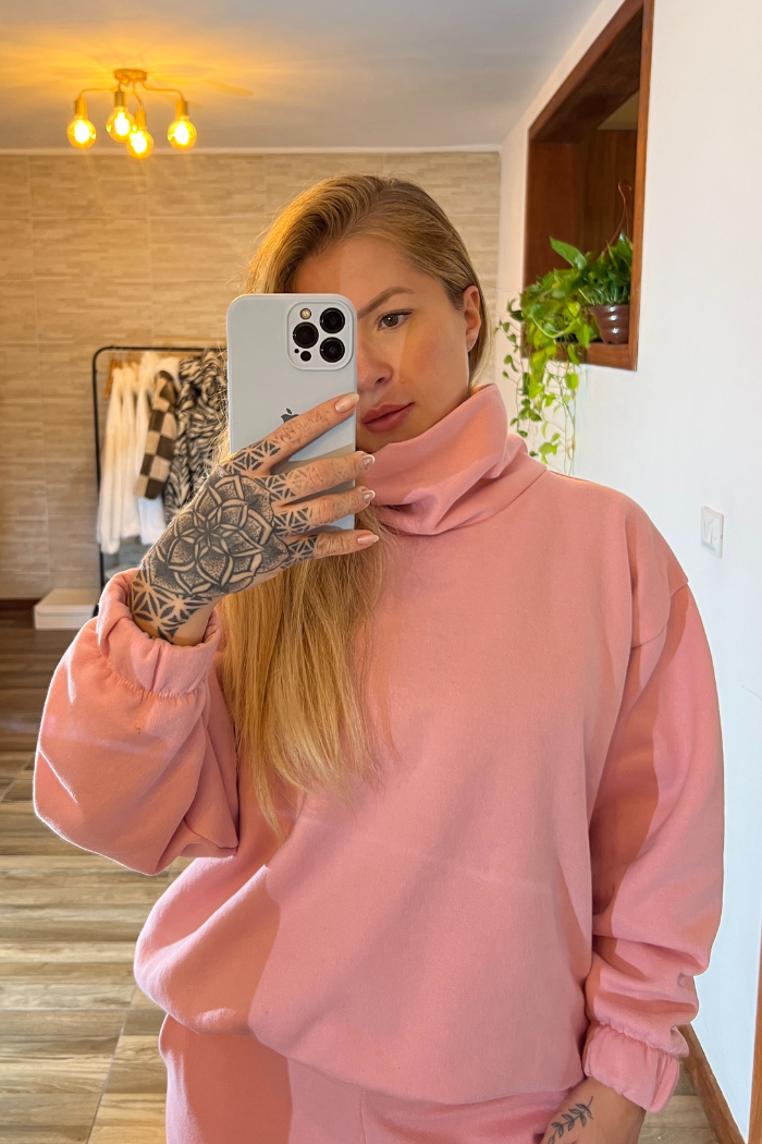 Conjunto Calça Pantalona com Moletom Gola Alta Rosa Baby