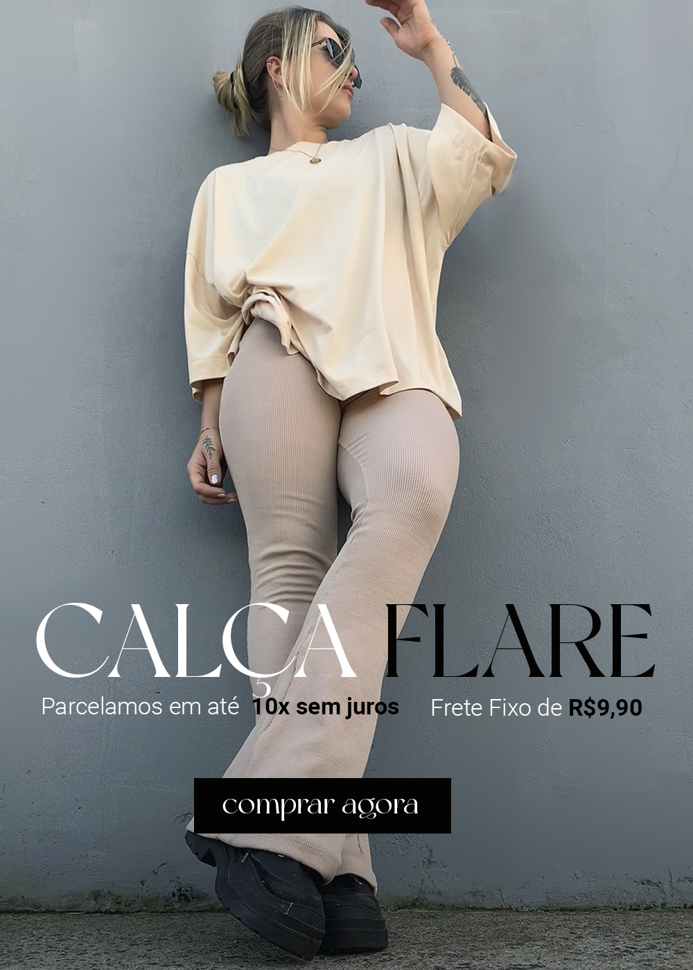 Conjunto Calça Flare + Camiseta Oversized - Nude