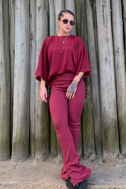 Conjunto Calça Flare + Camiseta Oversized - Marsala
