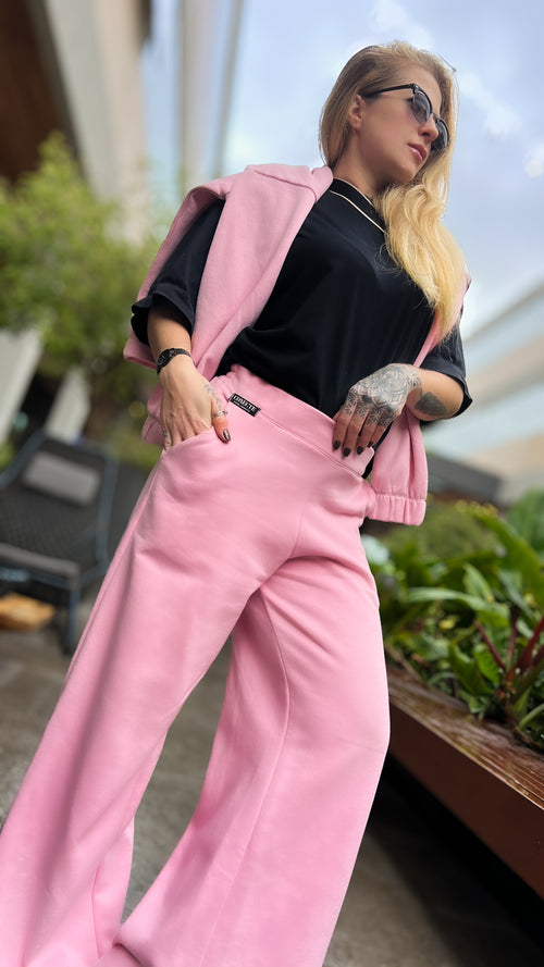 Calça Pantalona Moletom Rosa Baby