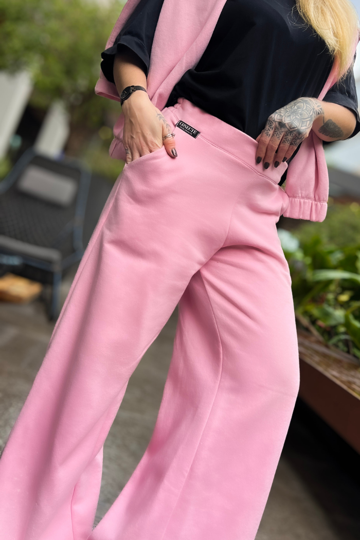 Conjunto Calça Pantalona com Moletom Gola Alta Rosa Baby
