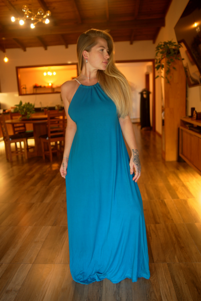 Vestido Frente Única Petroleo Longo