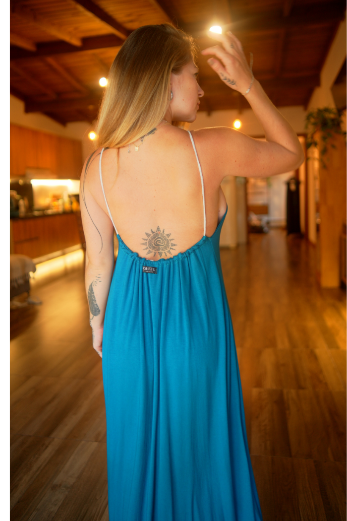 Vestido Frente Única Petroleo Longo