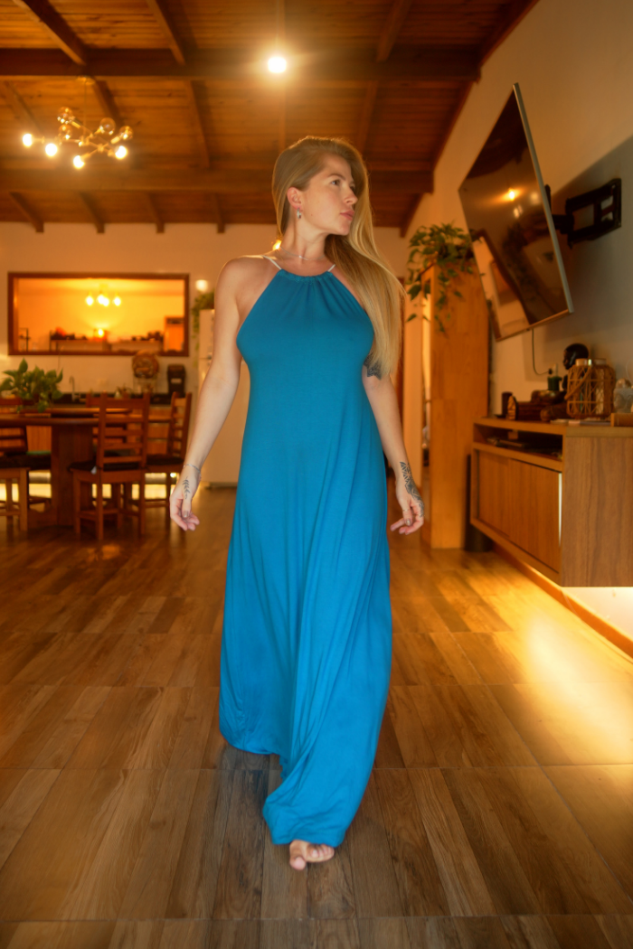 Vestido Frente Única Petroleo Longo