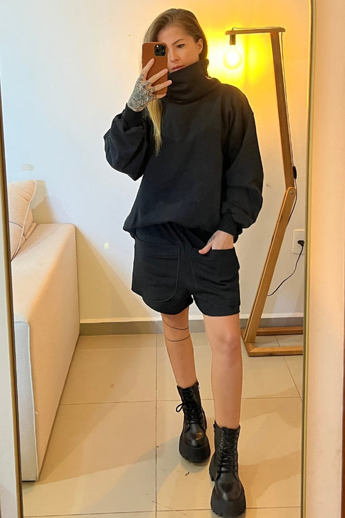 Conjunto Moletom Gola Alta Preto + Short Bolso Frontal Preto
