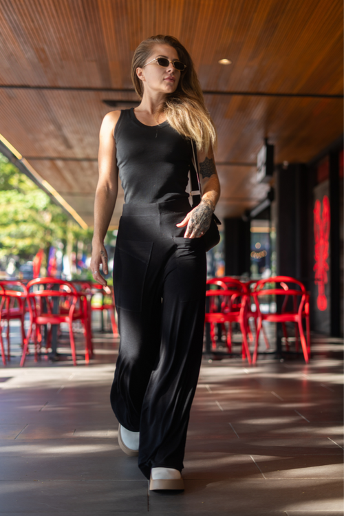Conjunto Pantalona + Blusa Canelada Preto