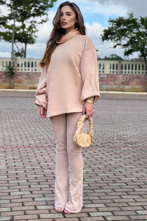 Conjunto Moletom Gola Alta + Flare Canelada Nude