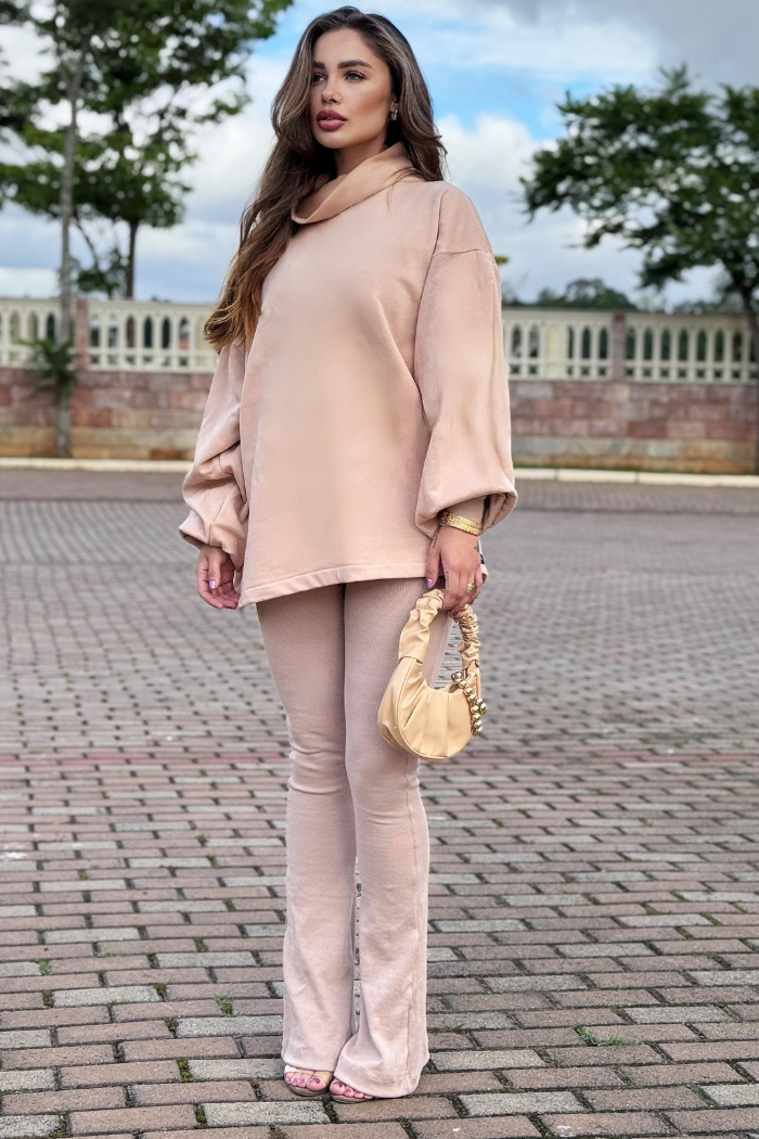 Conjunto Moletom Gola Alta + Flare Canelada Nude