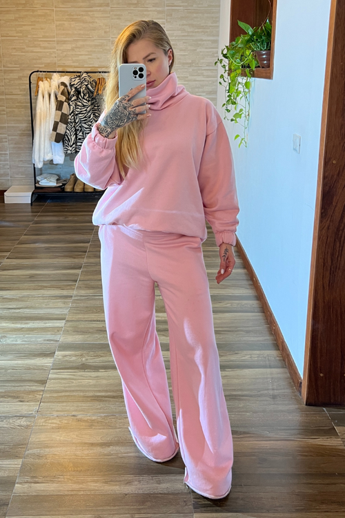Calça Pantalona Moletom Rosa Baby