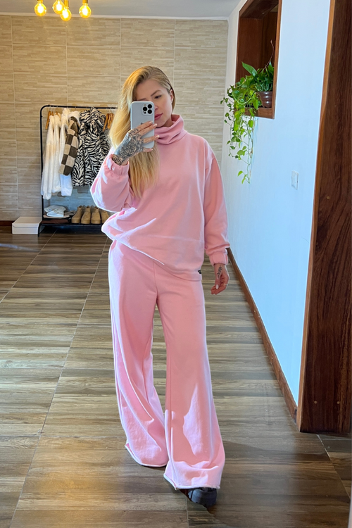 Conjunto Calça Pantalona Moletom + Moletom Gola Alta Rosa Baby