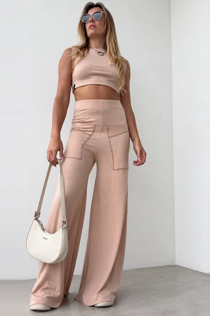 Conjunto Cropped Canelado + Calça Pantalona Nude