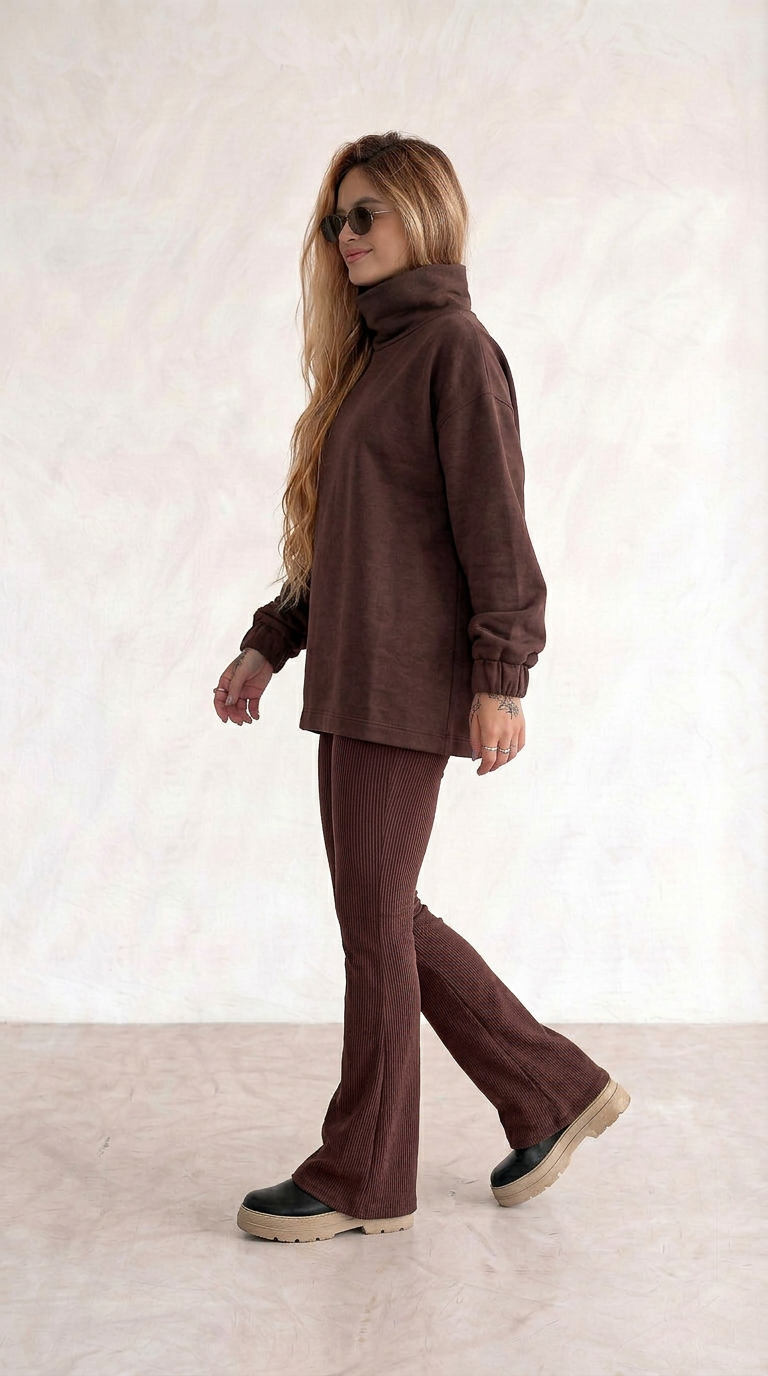 Conjunto Calça flare com Moletom gola alta Marrom