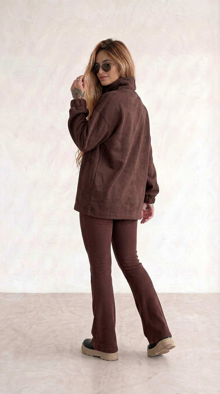 Conjunto Calça flare com Moletom gola alta Marrom