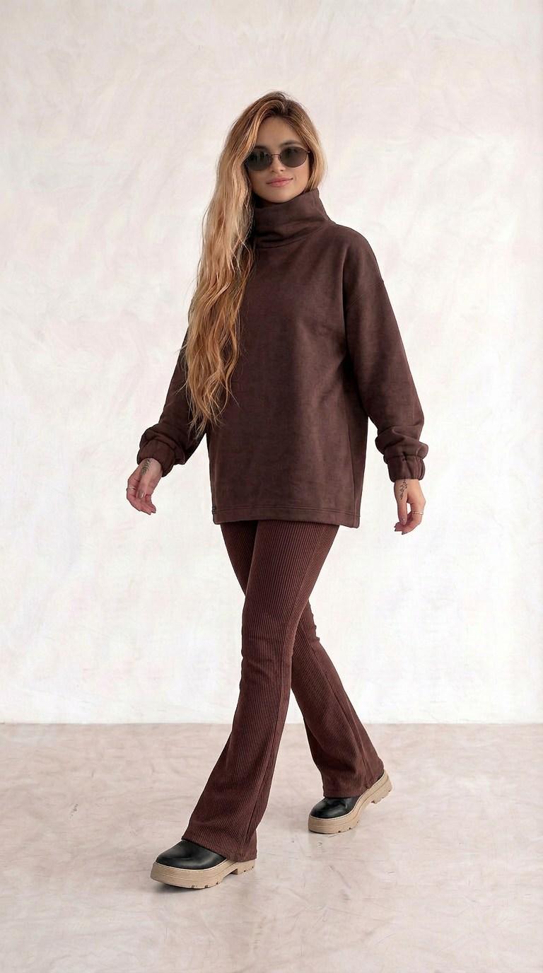 Conjunto Calça flare com Moletom gola alta Marrom